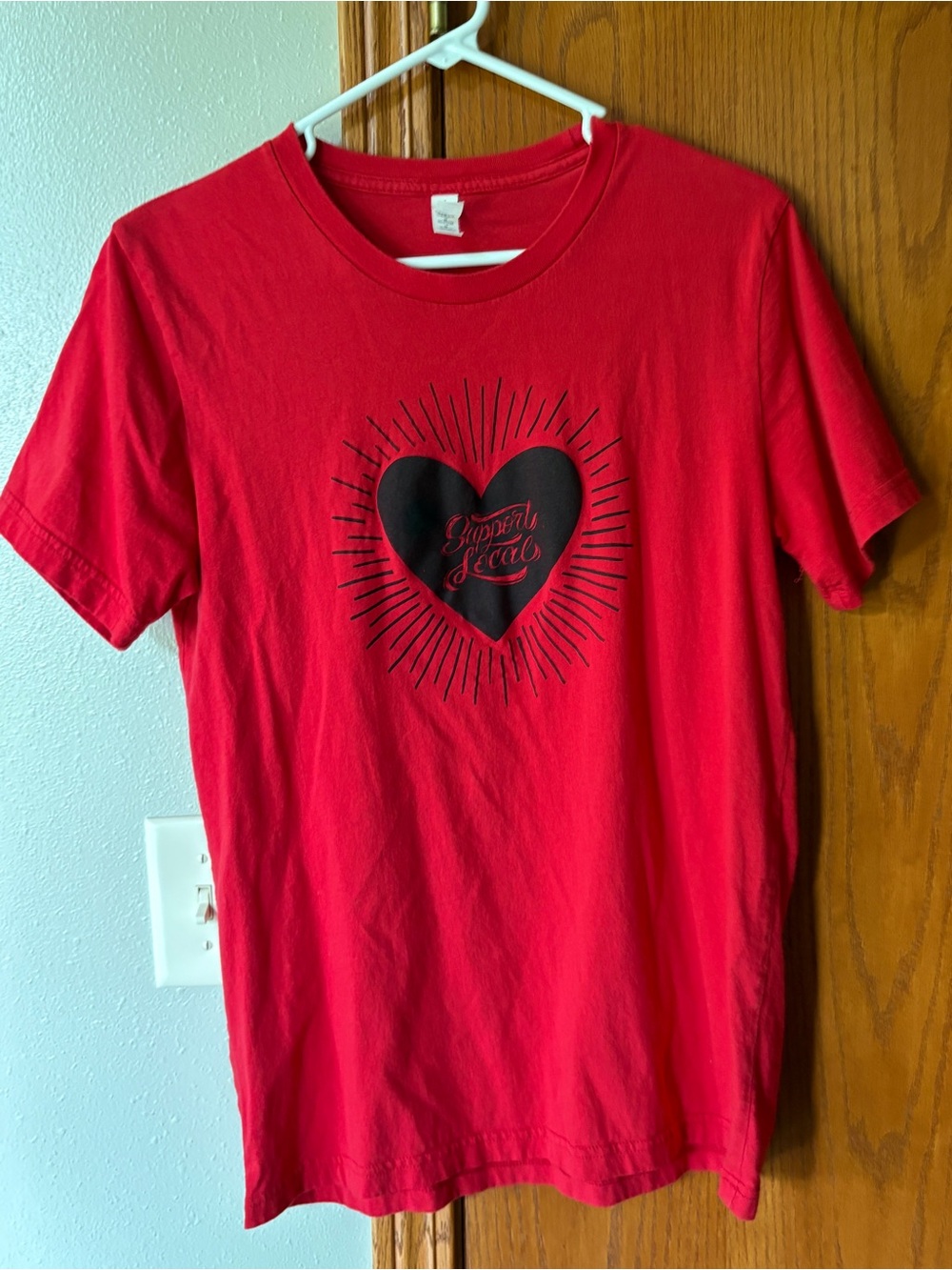 Bella Canvas Red Tee with Support Local Black Heart Graphic